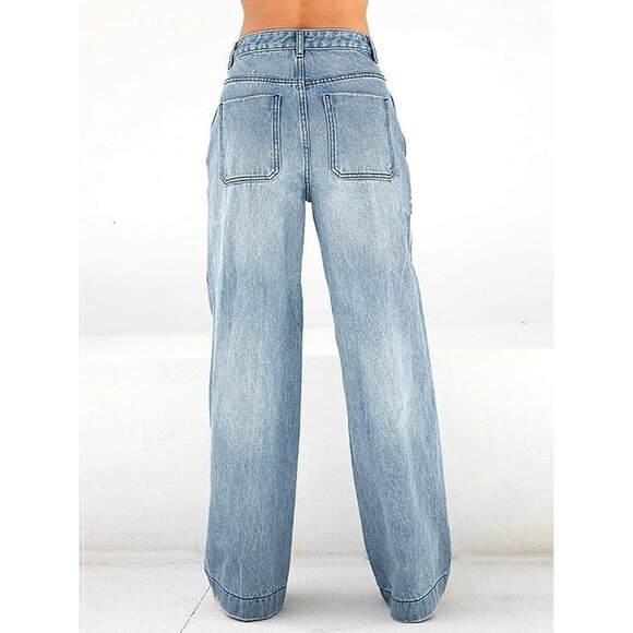 Women Wide Leg Baggy Jeans Y2K Vintage Denim Mid Waist Distressed Casual - Picture 3 of 7